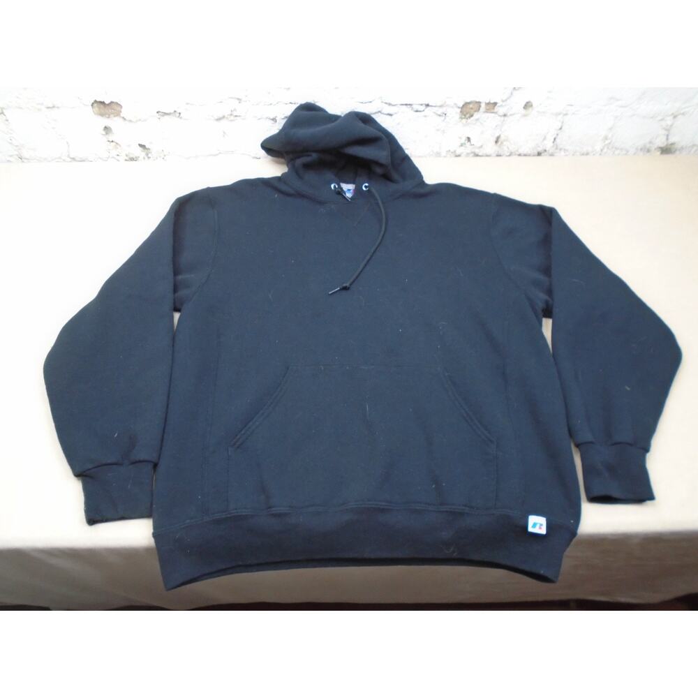 Russell Athletic Blank Hoodie Sweatshirt Large Y2K Black Boxy Heavyweight Grunge